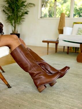 Seychelles Tall Leather Boots cognac Block Heel Knee High Minimalist Size 8.5